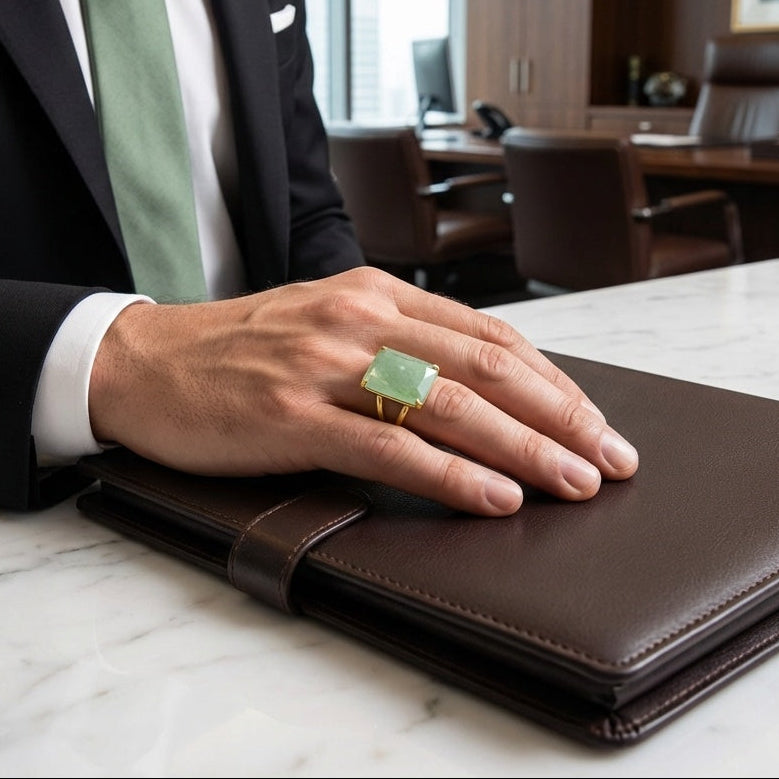 BOLD Natural Green Jade Golden Flexi Size Ring | 18K Real Gold PVD Plated– For Men | Includes: Ring