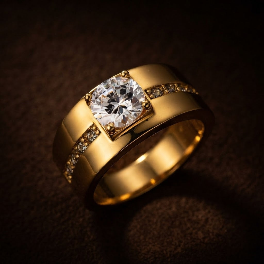 Classic Band Solitire Clear Zircon Ring | 18K Real Gold PVD Plated– For Men | Includes: Ring