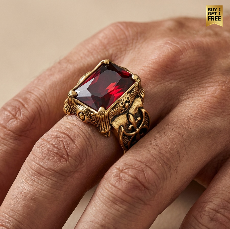 Red Zircon BOLD Iranian Golden Titanium Ring | 18K Real Gold PVD Plated– For Men | Includes: Ring