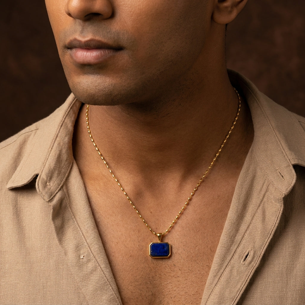 Lapis Lazuli REAL Stone Men's Necklace | 18K PVD Gold Plated - For Men| Includes: Necklace