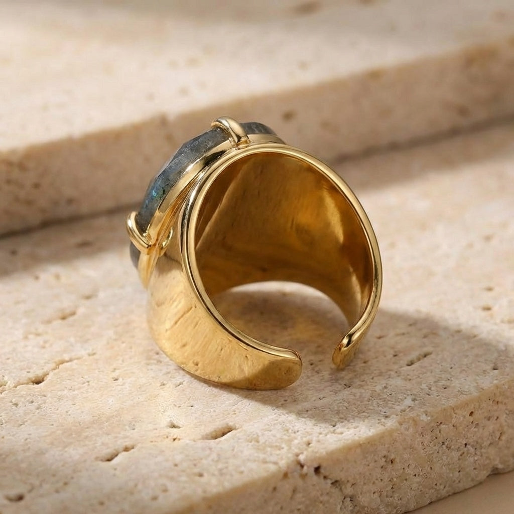 Natural Labradorite Faceted Stone Golden Flexi Size Ring | 18K Real Gold PVD Plated– For Men | Includes: Ring