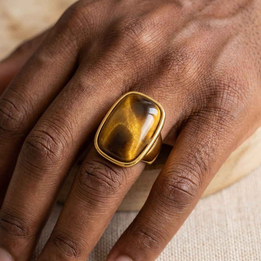 Ultra Bold Natural Cat's Eye Stone Golden Ring | 18K Real Gold PVD Plated– For Men | Includes: Ring