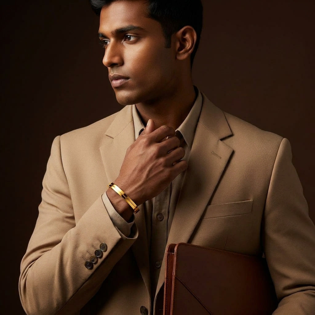 Classic Eligance Golden Line Cuff Bracelet | 18K PVD Gold Plated - For Men | Includes: Bracelet