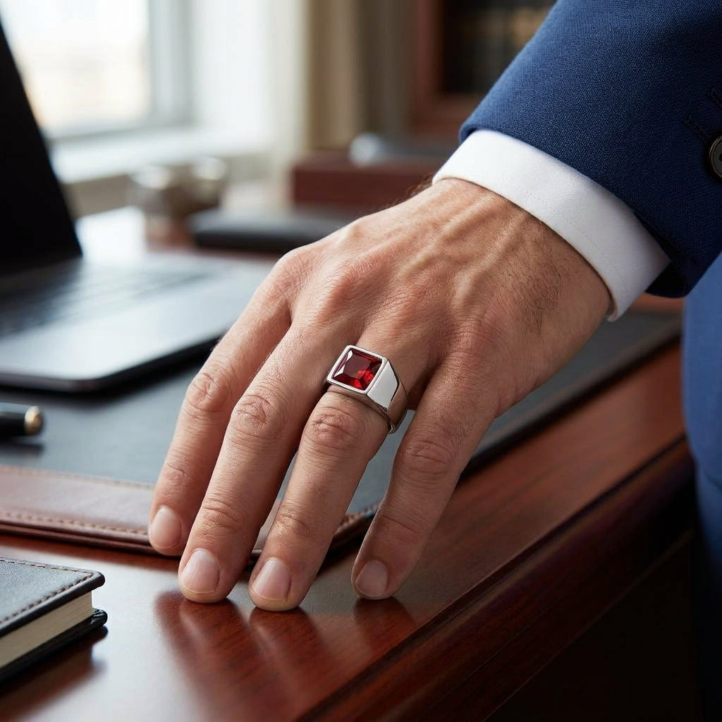 Regular Red Square Zircon Titanium Ring | PVD Plated– For Men | Includes: Ring