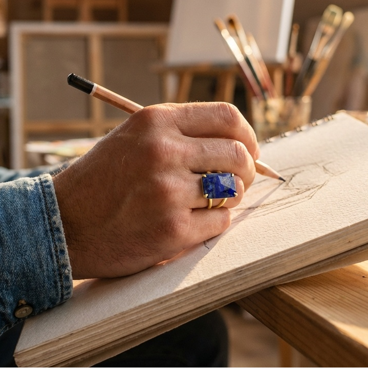 BOLD Natural Lapis Stone Golden Flexi Size Ring | 18K Real Gold PVD Plated– For Men | Includes: Ring