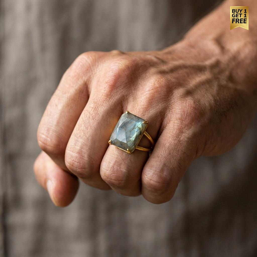 BOLD Labradorite Stone Golden Flexi Size Ring | 18K Real Gold PVD Plated– For Men | Includes: Ring