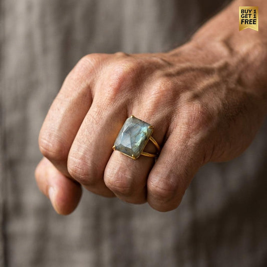 BOLD Labradorite Stone Golden Flexi Size Ring | 18K Real Gold PVD Plated– For Men | Includes: Ring