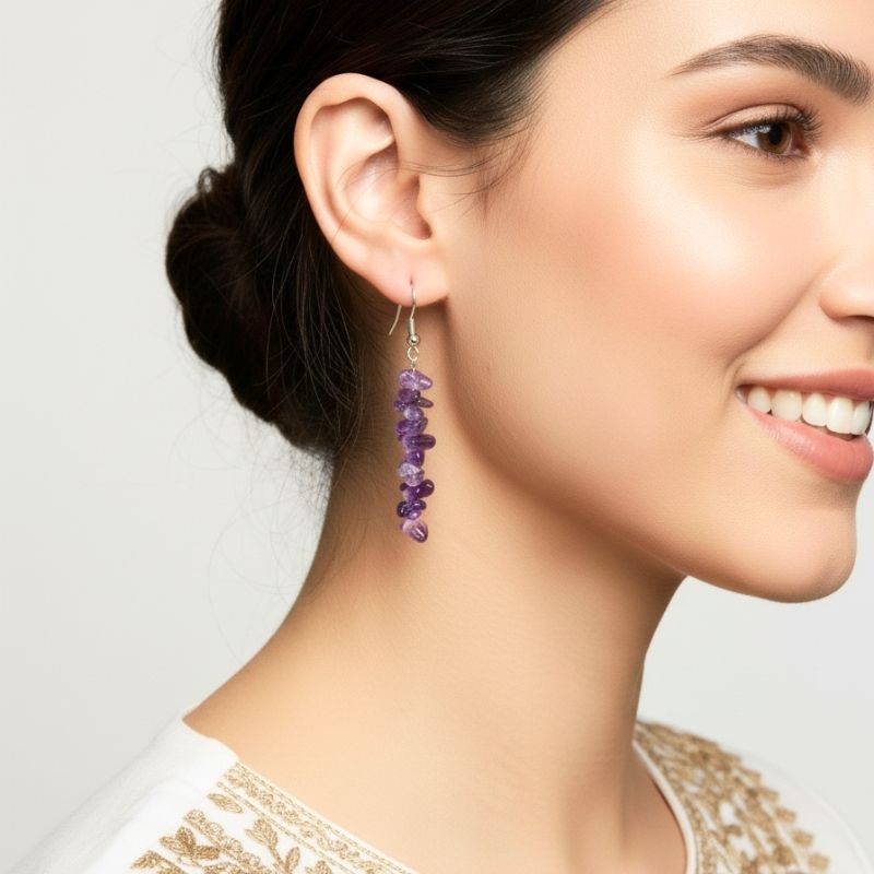 Lavender Shine Earrings | Silver PVD Plated & Amethyst Chip - For Women | Includes: Earrings