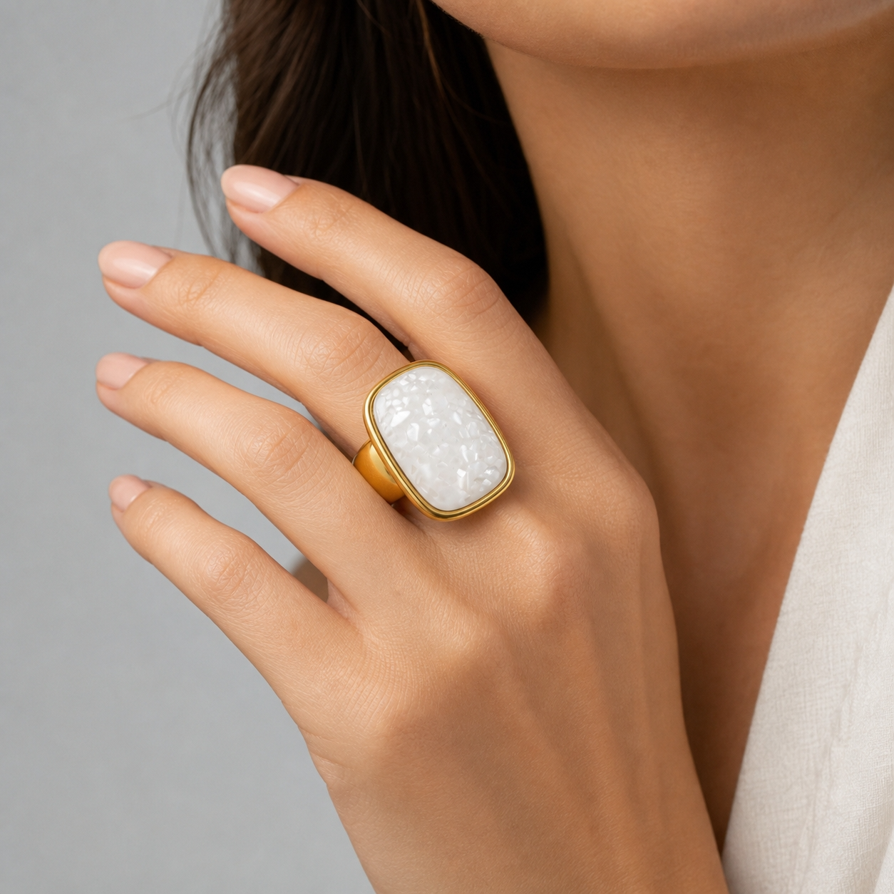 Ultra Bold Natural Rainbow White Agate Stone Golden Ring | 18K Real Gold PVD Plated– For Women | Includes: Ring