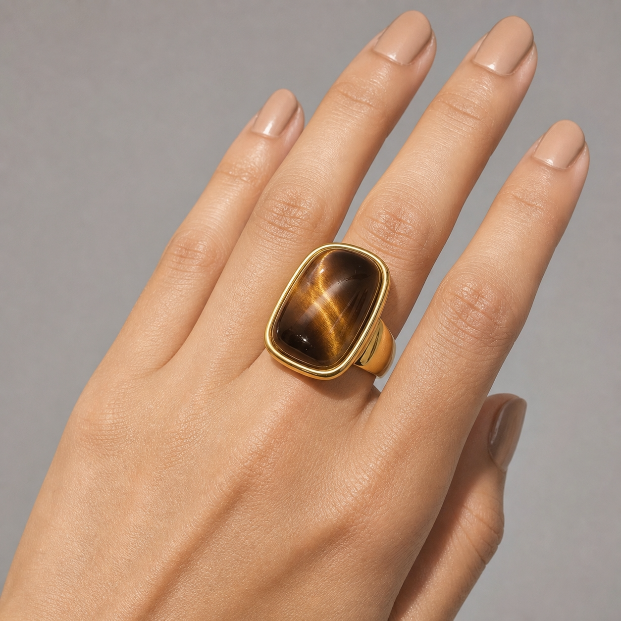 Ultra Bold Natural Cat's Eye Stone Golden Ring | 18K Real Gold PVD Plated– For Women | Includes: Ring