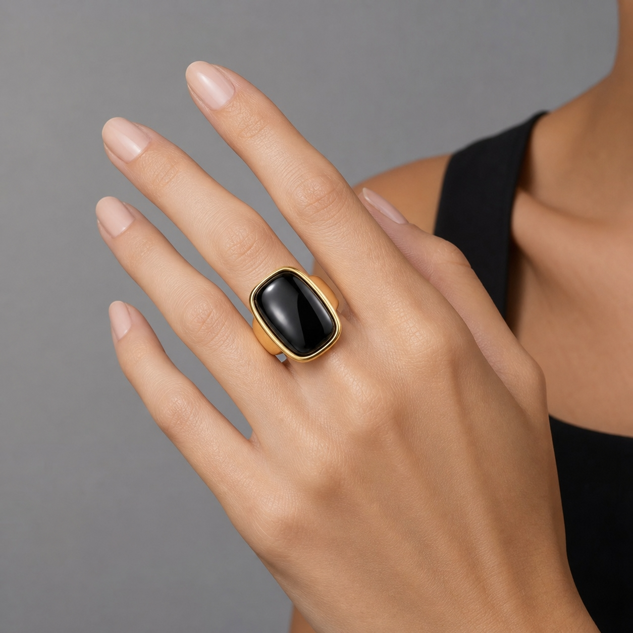 Ultra Bold Natural Black Agate Stone Golden Ring | 18K Real Gold PVD Plated– For Women | Includes: Ring