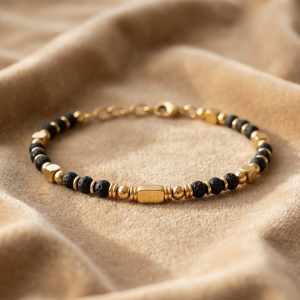 Ultra Rich Real Lava Stone Flexi Bracelet | 18K PVD Gold Plated- For Men | Includes: Bracelet