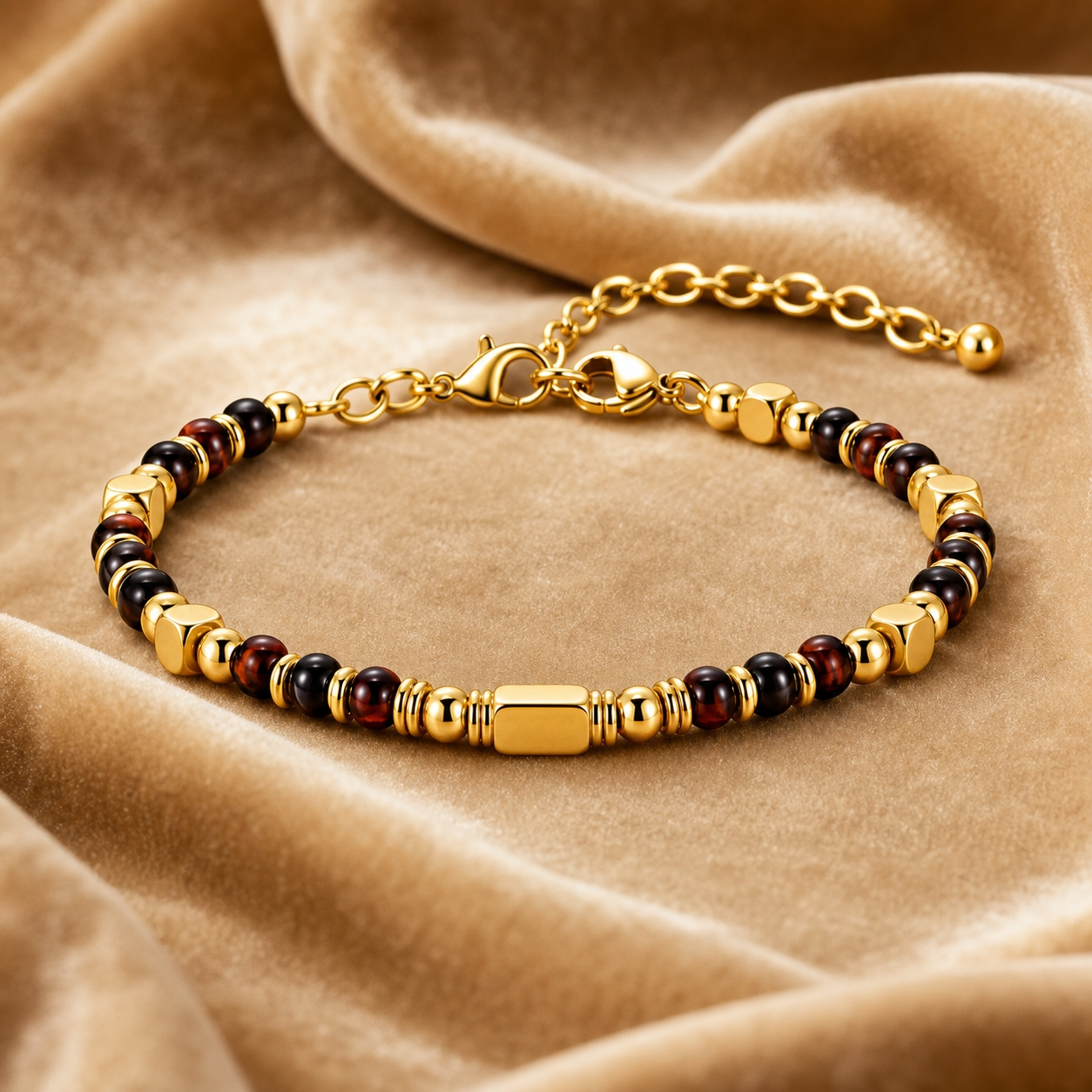 Ultra Rich Red Tiger Eye Stone Flexi Bracelet | 18K PVD Gold Plated- For Men | Includes: Bracelet