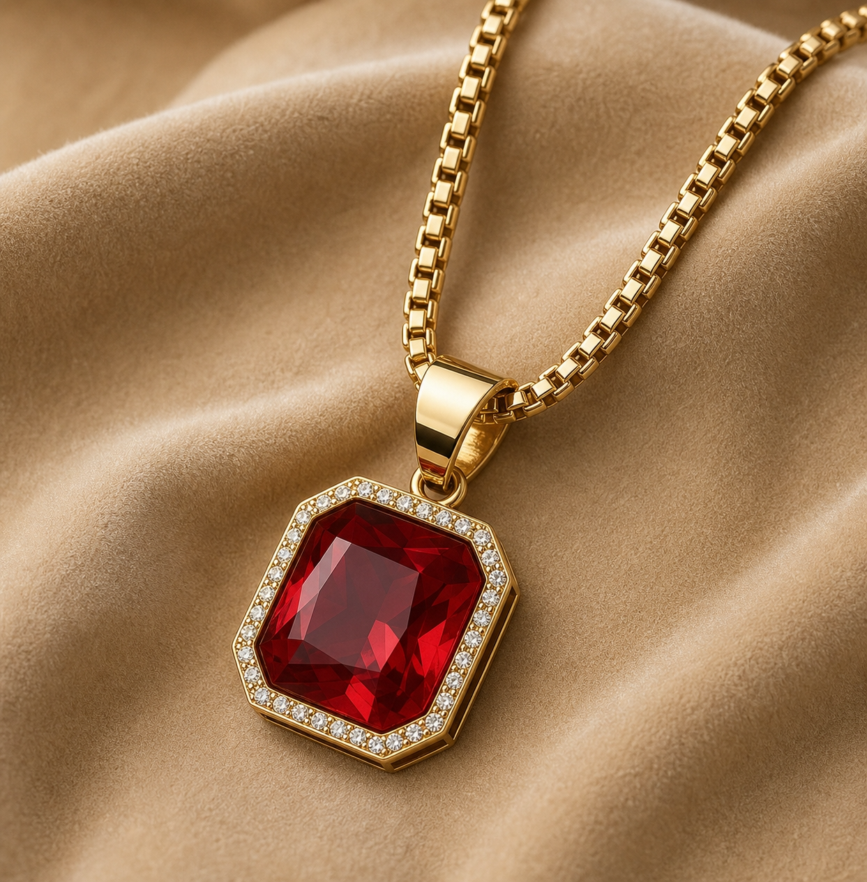 Ultra BOLD Posh RED Zircon Golden Necklace | 18K PVD REAL Gold Plated- For Men| Includes: Necklace