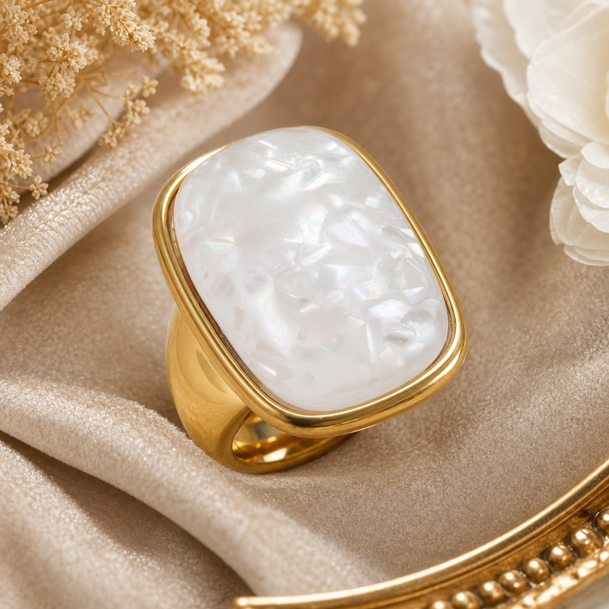 Ultra Bold Natural Rainbow White Agate Stone Golden Ring | 18K Real Gold PVD Plated– For Women | Includes: Ring