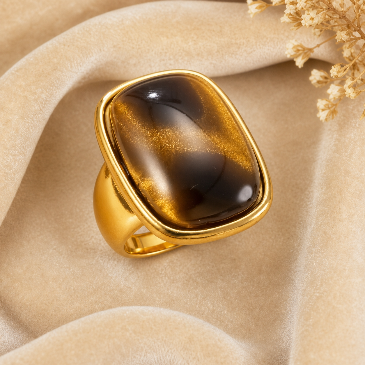 Ultra Bold Natural Cat's Eye Stone Golden Ring | 18K Real Gold PVD Plated– For Women | Includes: Ring