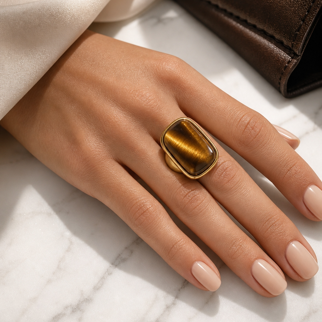 Ultra Bold Natural Cat's Eye Stone Golden Ring | 18K Real Gold PVD Plated– For Women | Includes: Ring