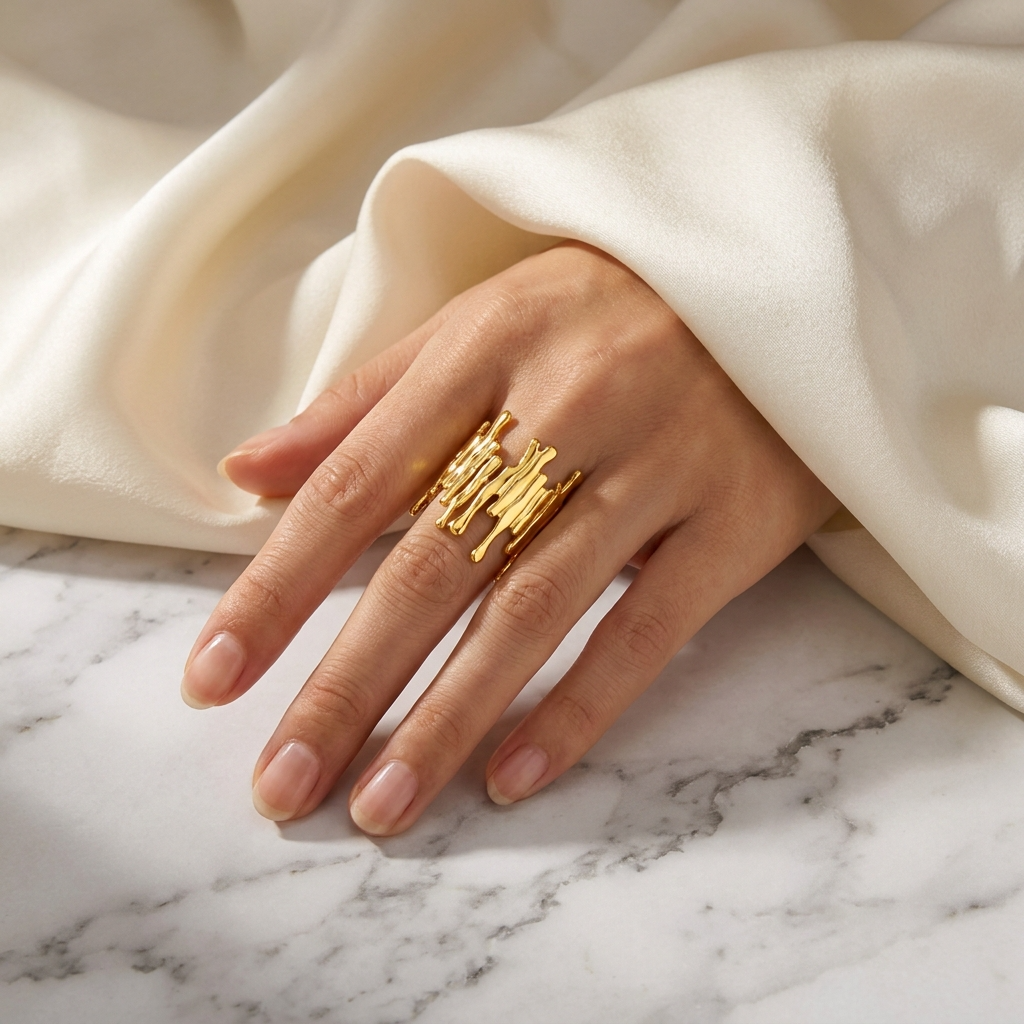 Drip Line Organic Zig-Zag Flexi Size Ring | 18K PVD Gold Plated- For Women | Includes: Ring