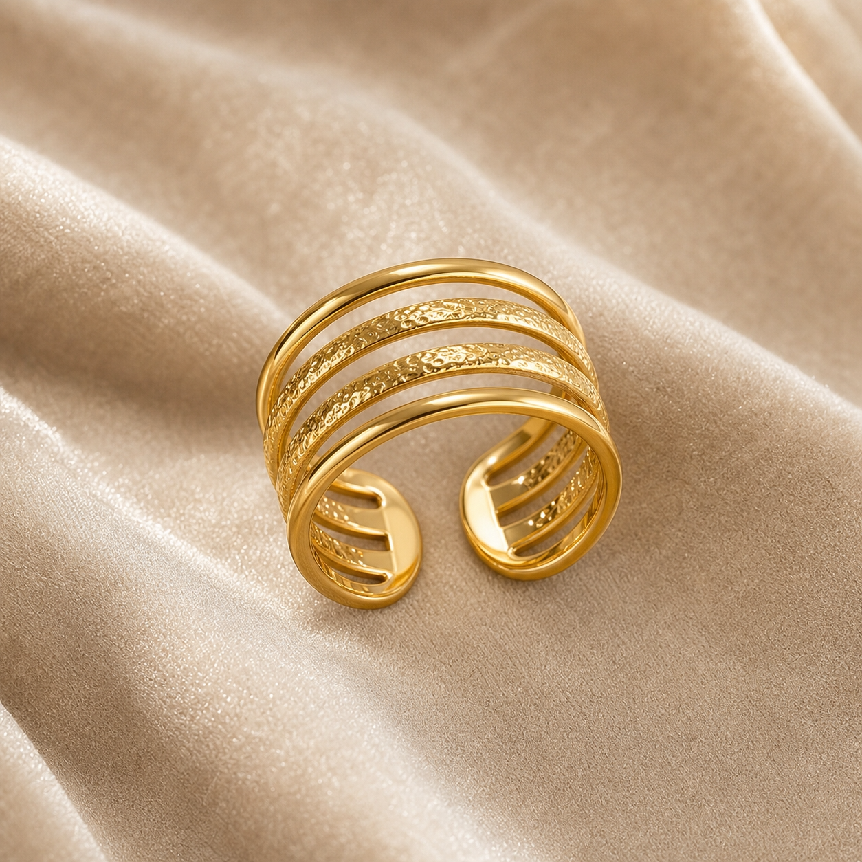 Multi-Layer Hammered Line Flexi Size Ring | 18K PVD Gold Plated- For Women | Includes: Ring