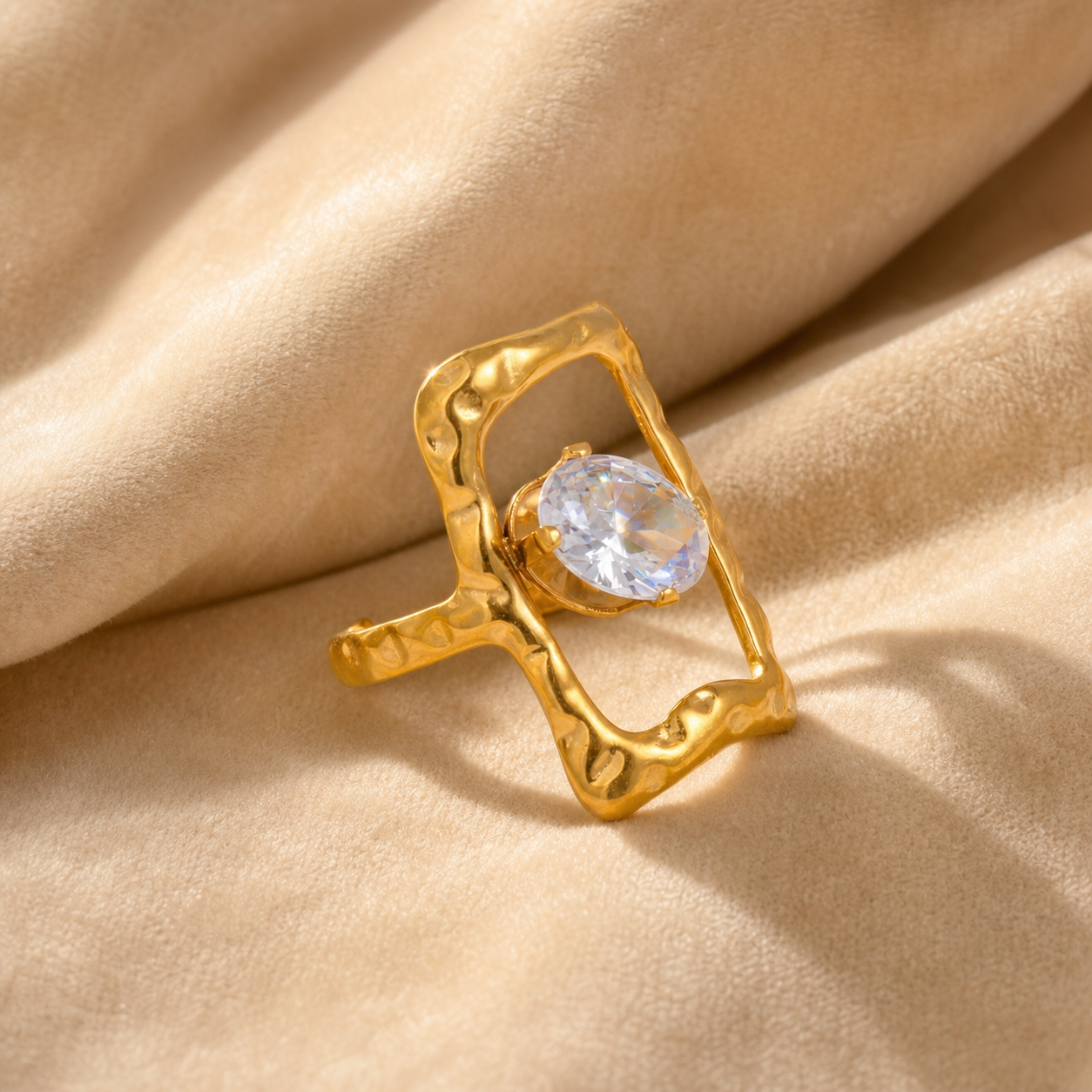 Trendy Organic Shape Solitaire Zircon Flexi Size Ring | 18K PVD Gold Plated- For Women | Includes: Ring