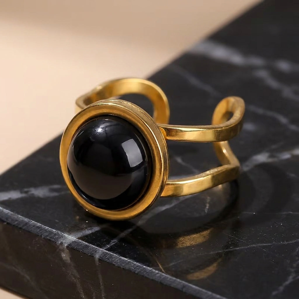 Black Onyx Stone Flexi Size Golden Ring | 18K Real Gold PVD Plated– For Men | Includes: Ring