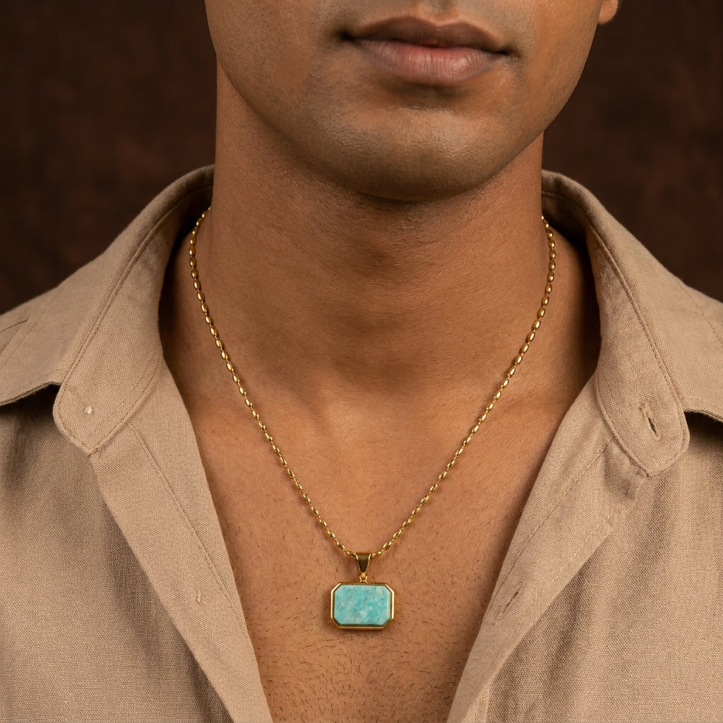 Amazonite REAL Stone Men's Necklace | 18K PVD Gold Plated - For Men| Includes: Necklace