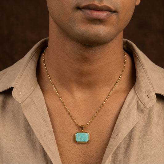 Amazonite REAL Stone Men's Necklace | 18K PVD Gold Plated - For Men| Includes: Necklace