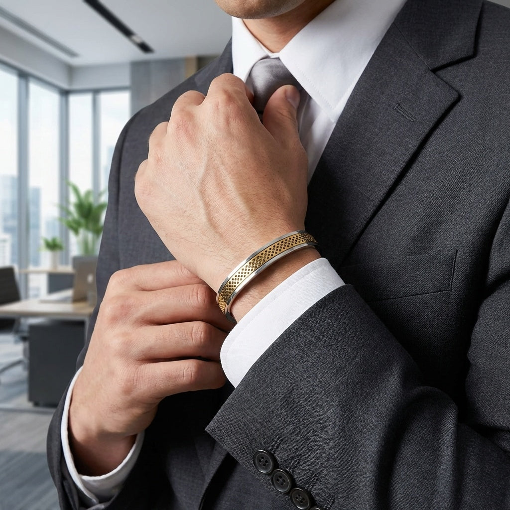 Ultra Modern criss-cross PVD Plated Cuff Bracelet | TITANIUM STEEL - For Men | Includes: Bracelet