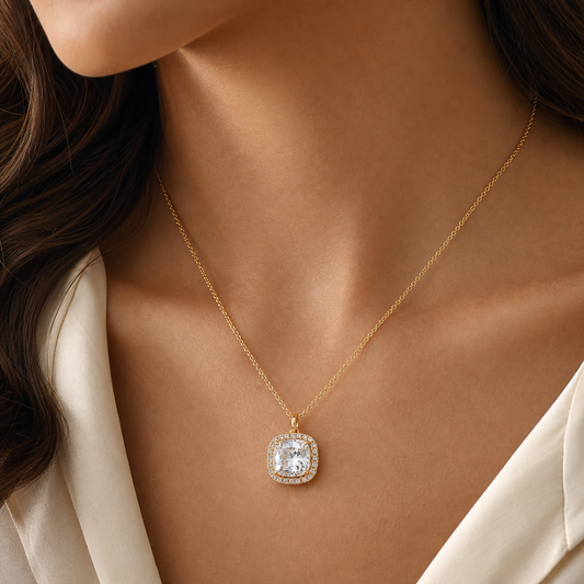 Heirloom Clear CUSHION HALO Necklace | Gold-Tone - For Women | Includes: Necklace