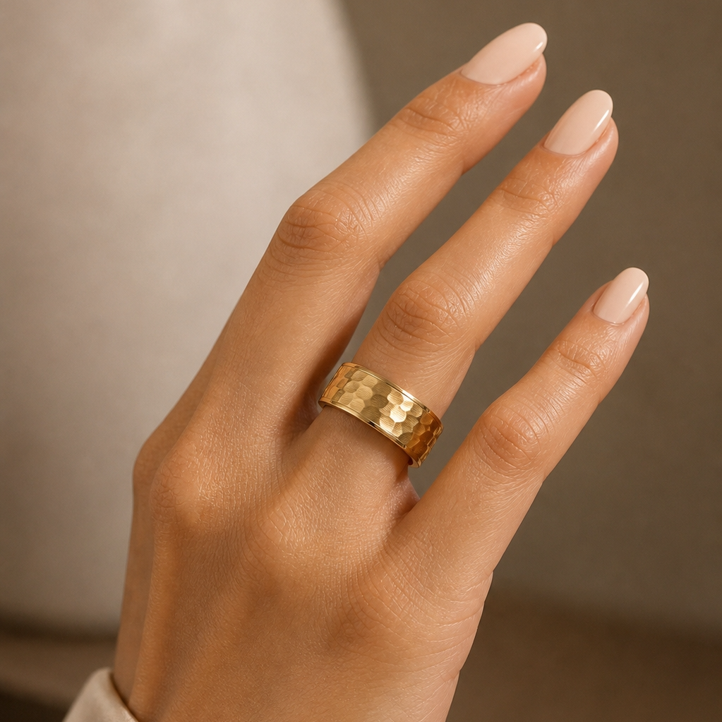 Hammered Titanium Steel Golden Ring | 18K Real Gold PVD Plated– For Women | Includes: Ring