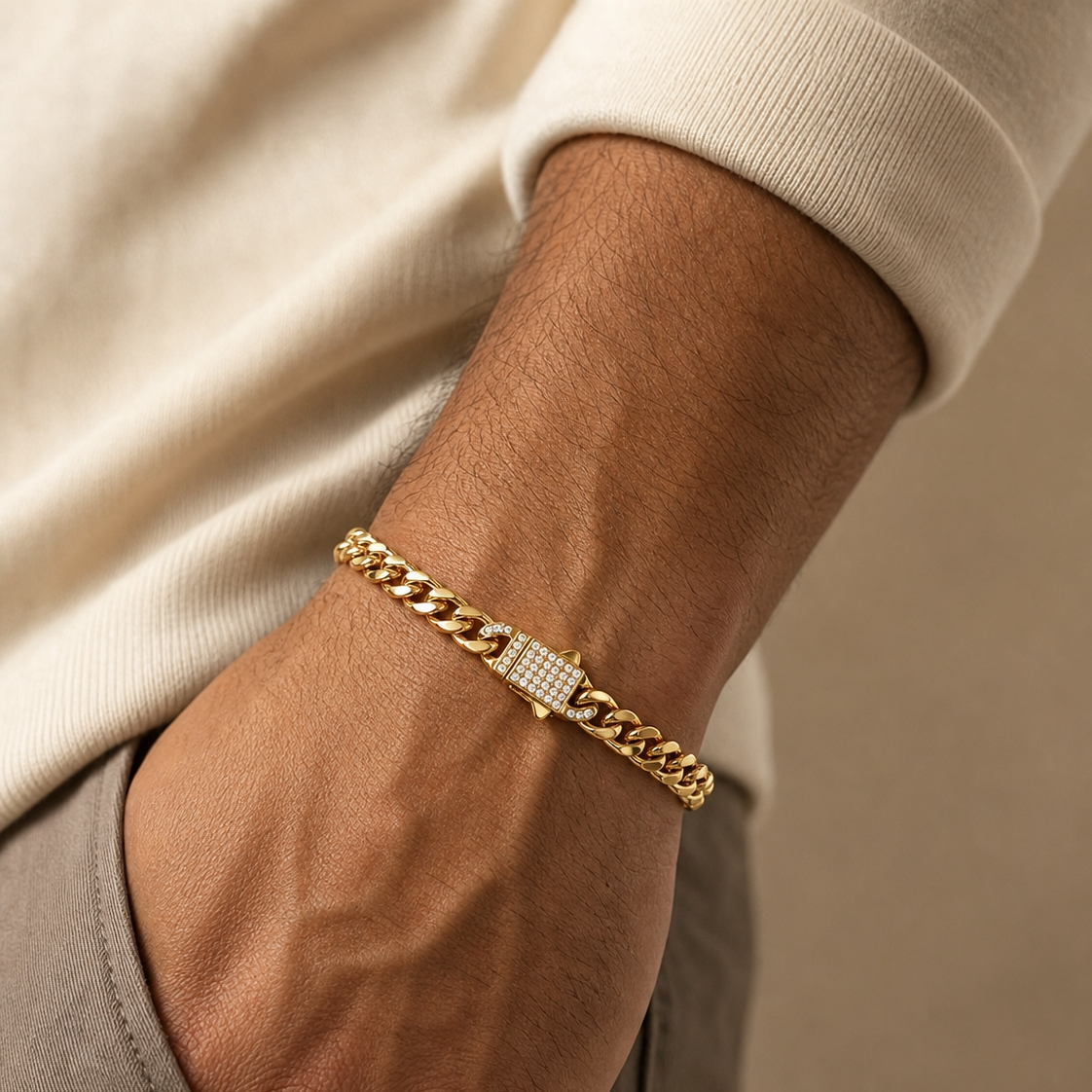 Designer Modern Real Golden Zircon clasp lean 6MM STANDARD Bracelet | 18K PVD Gold Plated- For Men | Includes: Bracelet
