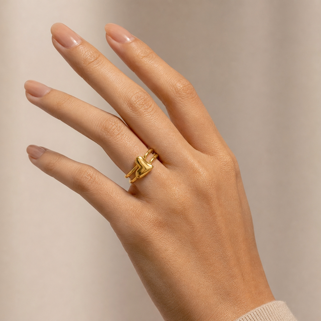 Dule Line tilted Heart Flexi Size Ring | 18K PVD Gold Plated- For Women | Includes: Ring