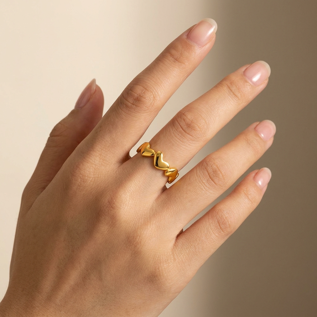 Multi-Heart Solid Flexi Size Ring | 18K PVD Gold Plated- For Women | Includes: Ring