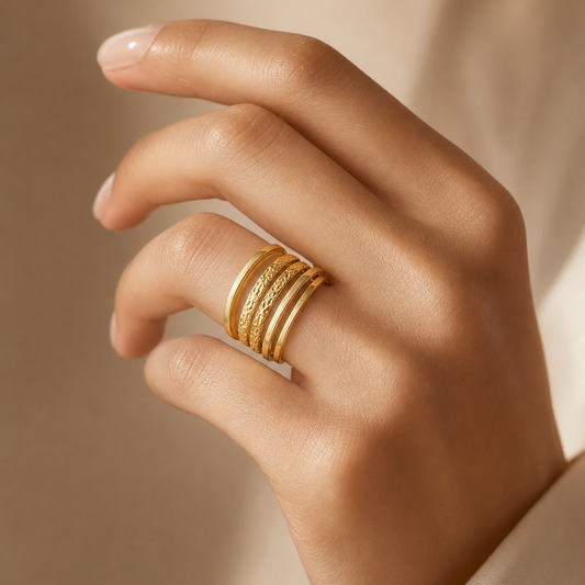 Multi-Layer Hammered Line Flexi Size Ring | 18K PVD Gold Plated- For Women | Includes: Ring