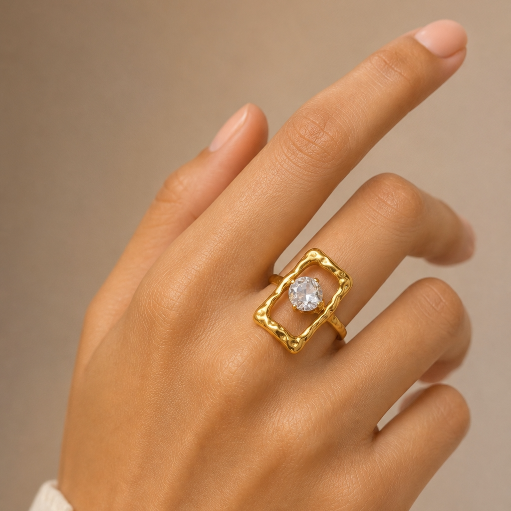 Trendy Organic Shape Solitaire Zircon Flexi Size Ring | 18K PVD Gold Plated- For Women | Includes: Ring