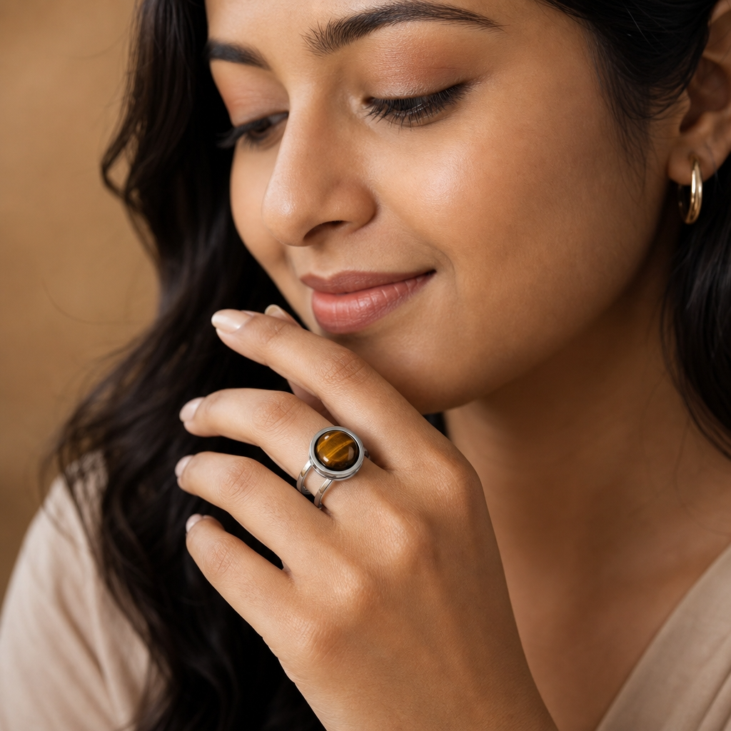 Adjustable Ring with Tiger Eye Stone| Silver Plated -For Women | Includes: Ring