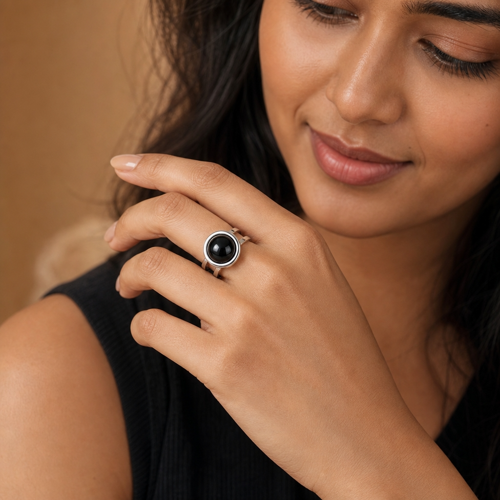 Adjustable Ring with Black Obsidian Stone| Silver Plated -For Women | Includes: Ring