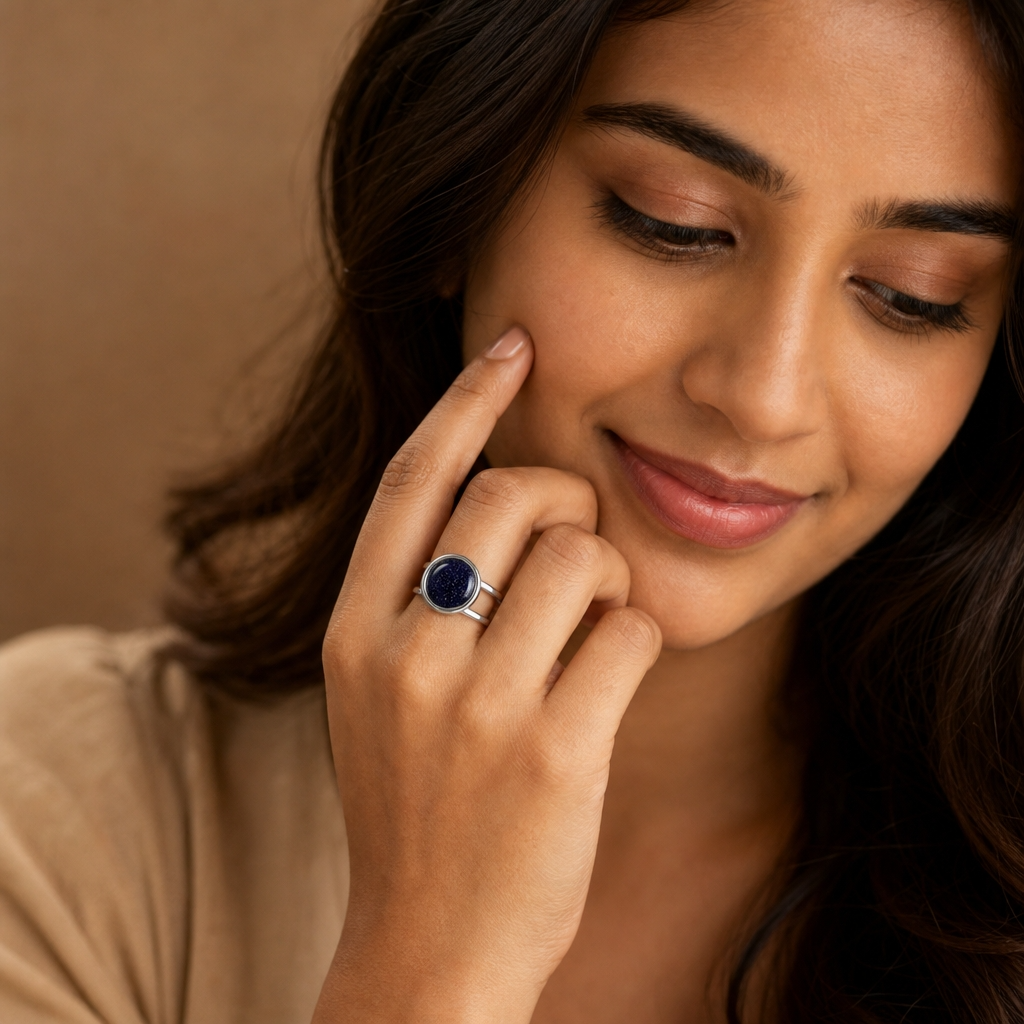 Adjustable Ring with Sparkly Black Bead Stone| Silver Plated -For Women | Includes: Ring