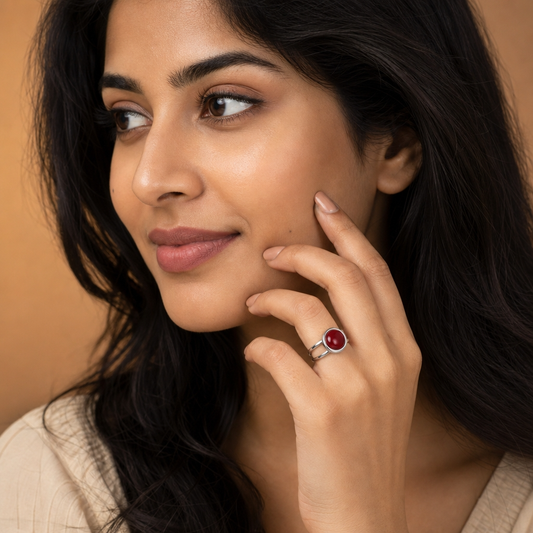 Adjustable Ring with Red Onyx Stone| Silver Plated -For Women | Includes: Ring