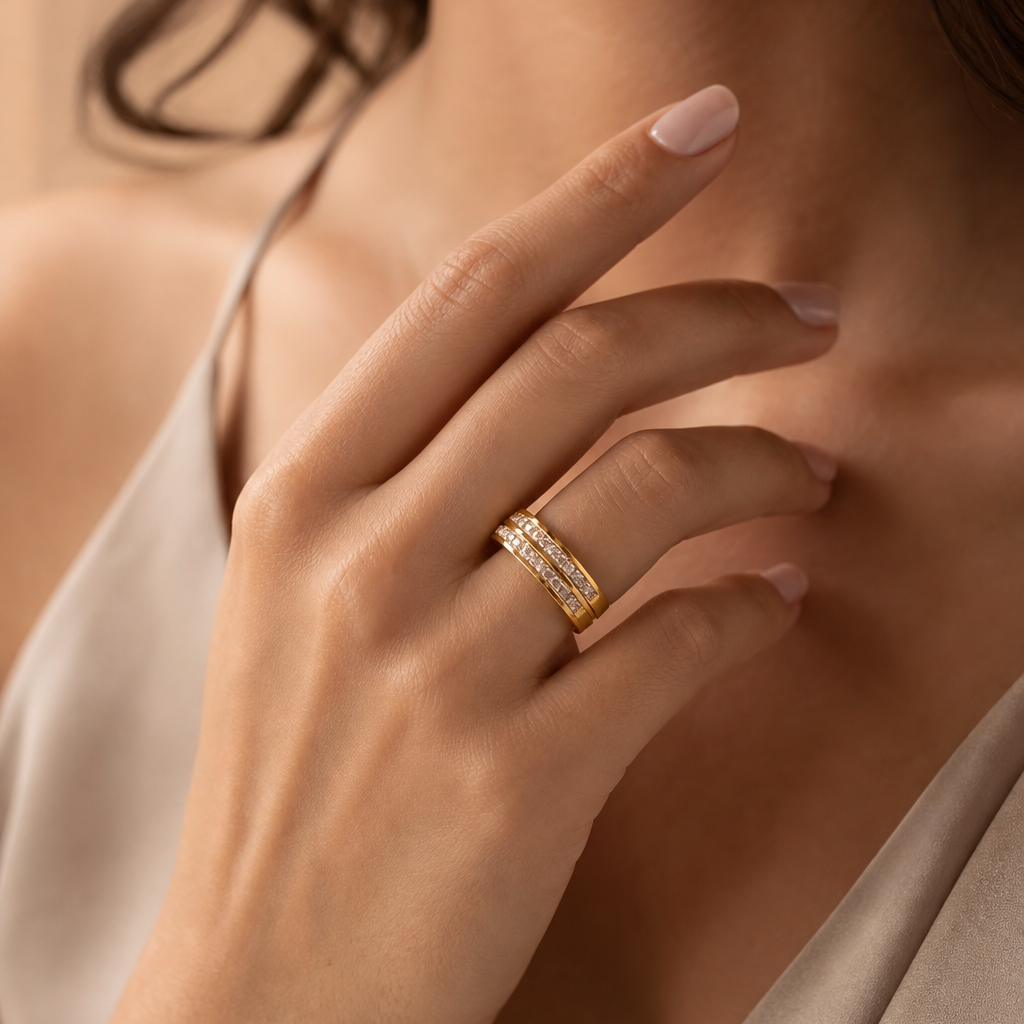Zircon Line Titanium Steel Golden Ring | 18K Real Gold PVD Plated– For Women | Includes: Ring