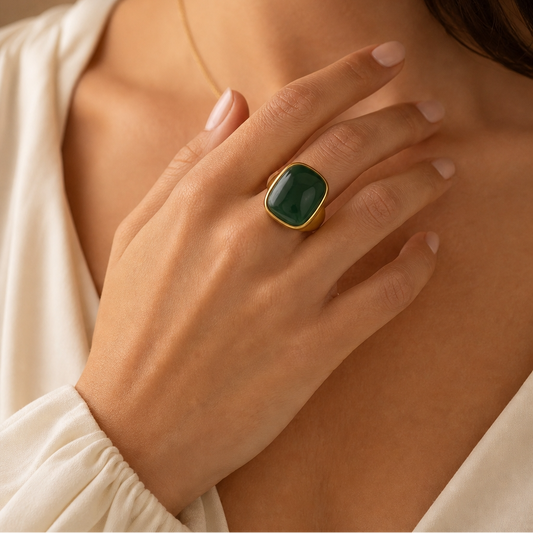 Ultra Bold Natural Green Agate Stone Golden Ring | 18K Real Gold PVD Plated– For Women | Includes: Ring