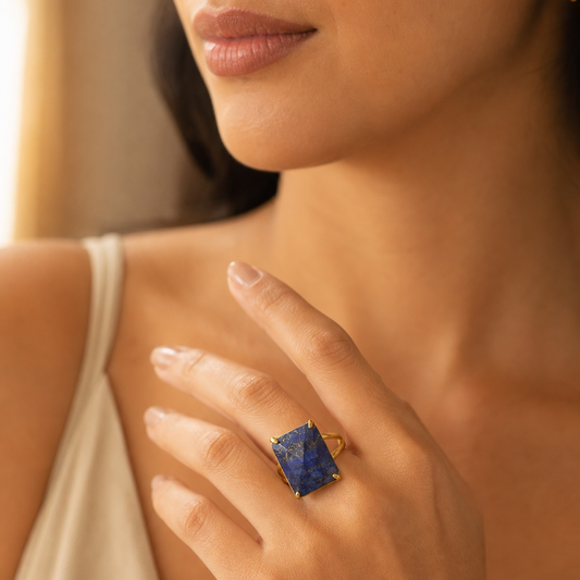 BOLD Natural Lapis Stone Golden Flexi Size Ring | 18K Real Gold PVD Plated– For Women | Includes: Ring