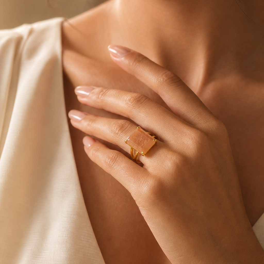 BOLD Natural Berry Quartz Golden Flexi Size Ring | 18K Real Gold PVD Plated– For Women | Includes: Ring