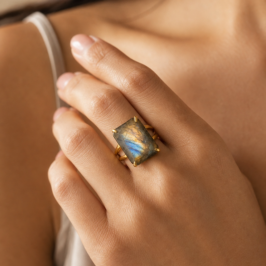 BOLD Labradorite Stone Golden Flexi Size Ring | 18K Real Gold PVD Plated– For Women | Includes: Ring