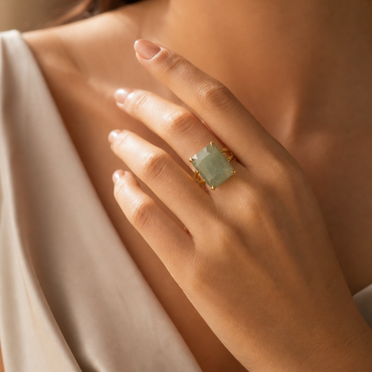 BOLD Natural Green Jade Golden Flexi Size Ring | 18K Real Gold PVD Plated– For Women | Includes: Ring
