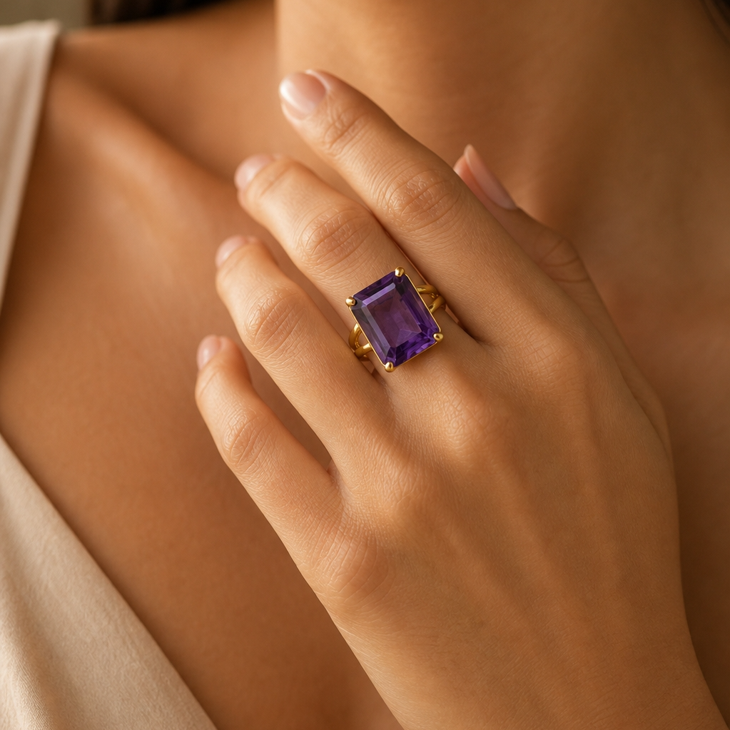 BOLD Natural Amethyst Stone Golden Flexi Size Ring | 18K Real Gold PVD Plated– For Women | Includes: Ring