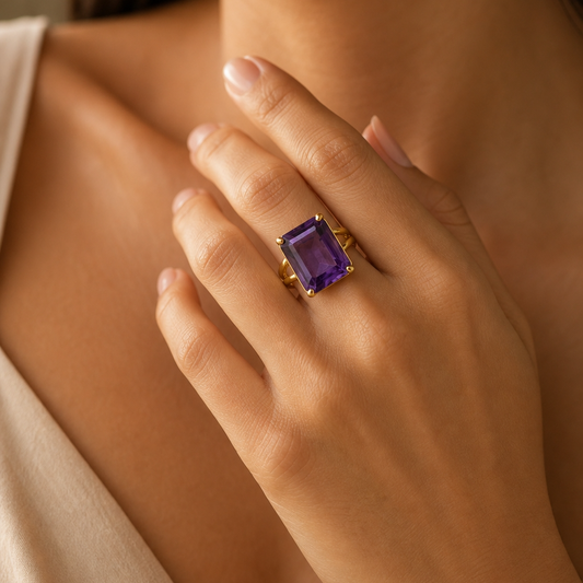 BOLD Natural Amethyst Stone Golden Flexi Size Ring | 18K Real Gold PVD Plated– For Women | Includes: Ring