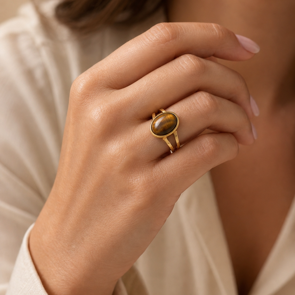 Cat's Eye Stone Golden Dual Band Oval Ring | 18K Real Gold PVD Plated– For Women | Includes: Ring