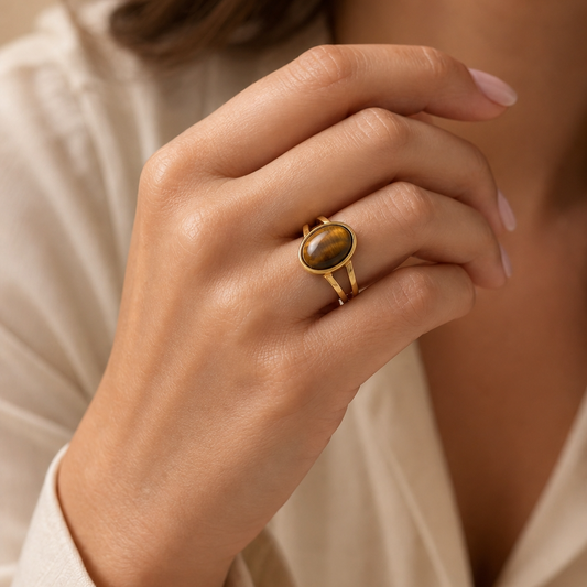 Cat's Eye Stone Golden Dual Band Oval Ring | 18K Real Gold PVD Plated– For Women | Includes: Ring