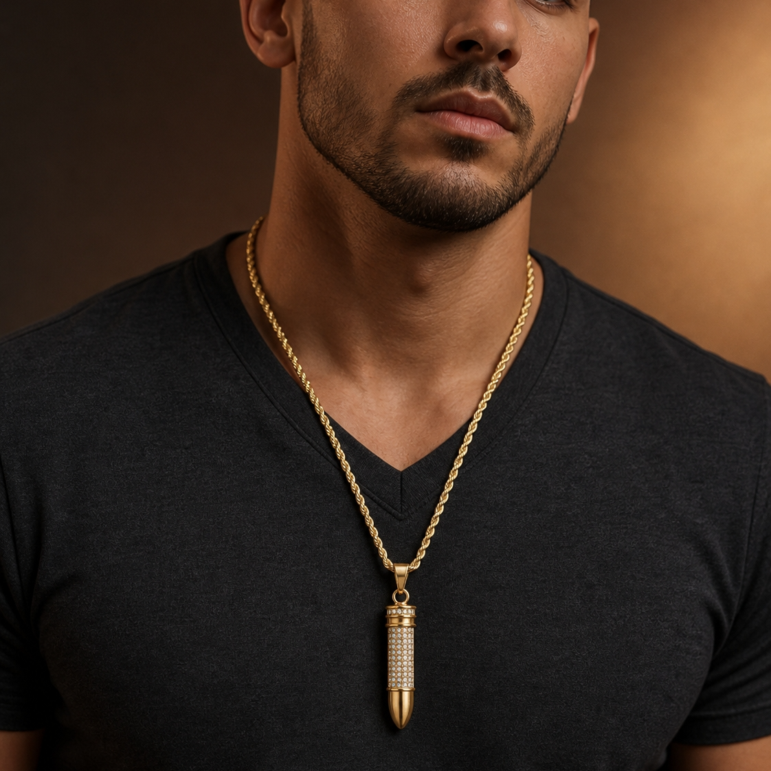 Ultra Posh Bullet Zircon Golden Necklace | 18K PVD REAL Gold Plated- For Men| Includes: Necklace